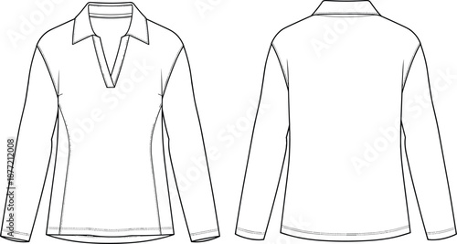 Technical Flat Fashion Illustration of Women Long Sleeve Polo V Neck Shirt Mockup with Collar Front and Back View Template