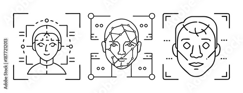 Facial recognition and biometric scanning line art icons on white