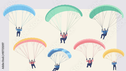 Group of people skydiving with colorful parachutes in the air.