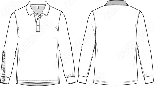 Technical Flat Fashion Illustration of Men Long Sleeve Polo Shirt Mockup with Collar and Button Placket Front and Back View