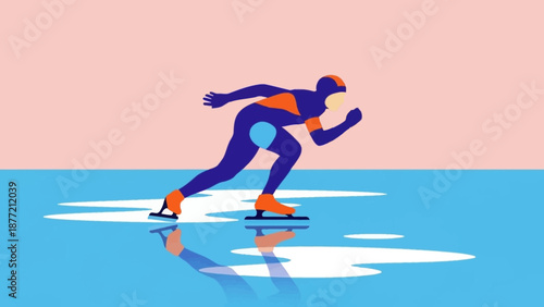 Speed Skater in Action on Frozen Ice Rink.