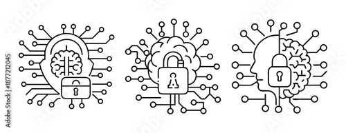 Artificial intelligence and data security brain icons on white background