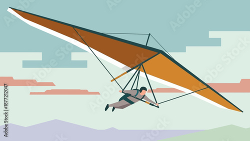 Person flying a hang glider over a scenic landscape.