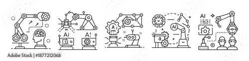 Collection of artificial intelligence and robotics line icons on white