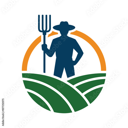 Farmer holding pitchfork standing in front of green hills and orange arc  agriculture symbol icon