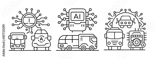 Connected autonomous vehicles and AI processor line art icons set