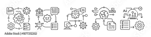 Line art icons of AI, automation, and data processing workflows