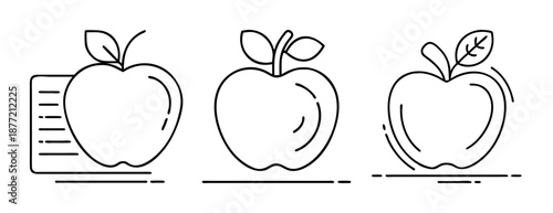 Three minimalist black and white apple line art illustrations on a white