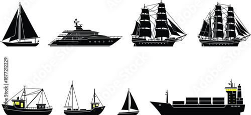 Stylized silhouettes of boats and ships including sailboat, yacht, cargo vessel, fishing boat, maritime transport, nautical diversity