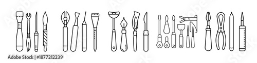Diverse line art tools for crafting, sculpting, and laboratory work