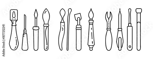 Assortment of artisan tools in minimalist black line art vector icons