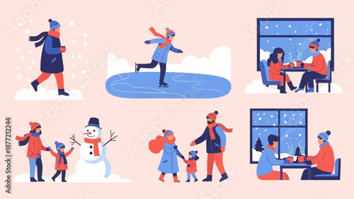 Winter activities people enjoying snow and ice skating together.