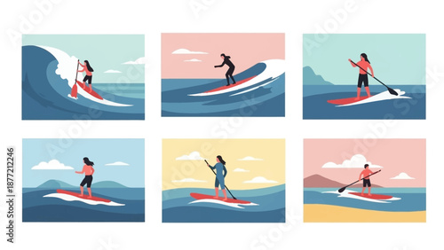 Paddleboarding woman in various ocean scenes and poses.