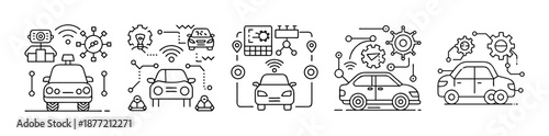 Set of Autonomous Vehicle Technology and Smart Car Line Icons