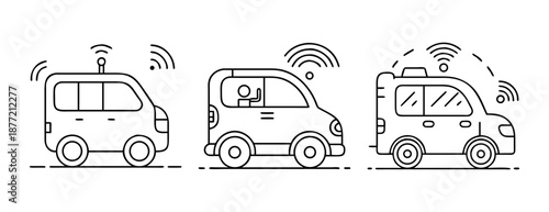 Minimalist line art icons of connected and autonomous vehicles on white.
