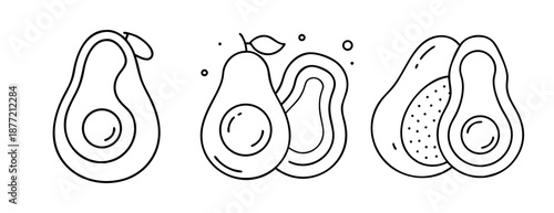 Set of minimalist black and white line art avocado illustrations