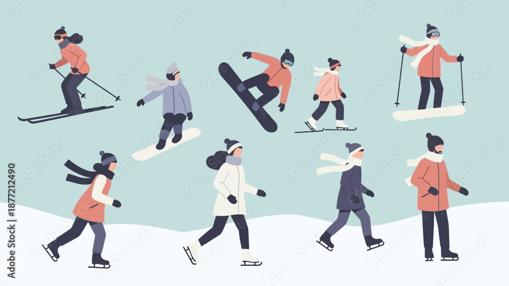 Fototapeta premium Group of people skiing and snowboarding on a snowy slope.