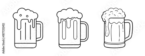 Three black outline beer mugs with frothy foam on a white background