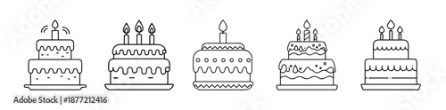 Various birthday cakes with lit candles, black line art on white background