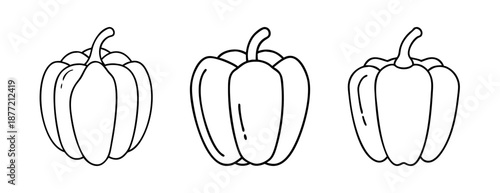 Three simple line art bell pepper illustrations on a crisp white background