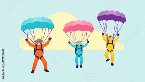 Three skydivers in colorful suits descending with parachutes.
