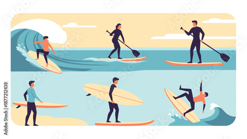 People engaging in various paddleboarding activities on the ocean.