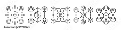 Collection of abstract geometric blockchain network diagrams with bitcoin