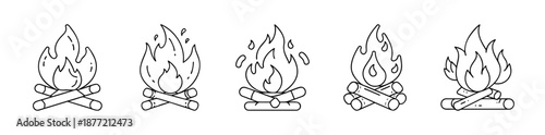 Set of Five Outline Campfire Icons with Burning Logs on a White Background