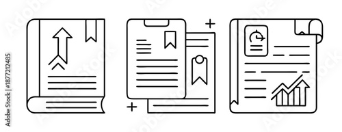 Line art documents, a book with growth arrow, and financial reports