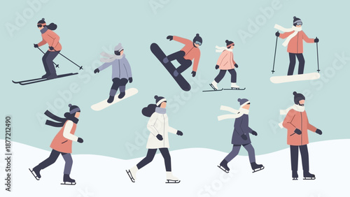 Group of people skiing and snowboarding on a snowy slope.