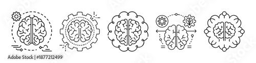 Brain and Technology Process Icons Set: Line Art Illustration on White