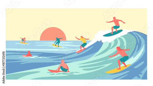 Surfers riding a wave at sunset with vibrant colors.