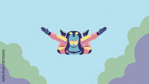 Colorful cartoon character flying through the air with outstretched arms.