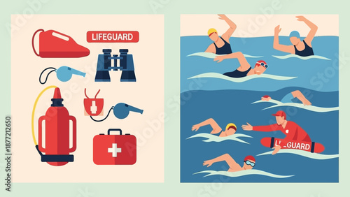 Lifeguard equipment and swimmers in distress being rescued.