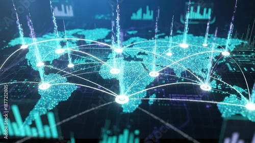 Global data network visualized on glowing world map