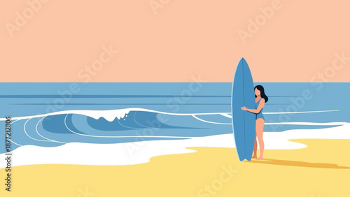 Woman standing on the beach with a surfboard.