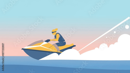 Man Riding Jet Ski on Water with Splashing Waves.