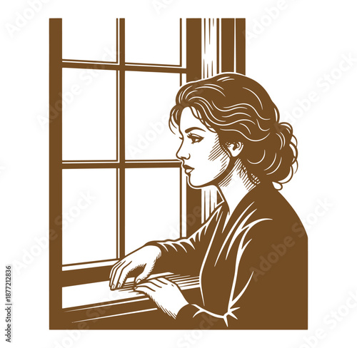 woman looking out of window with hands on the windowsill in a contemplative pose