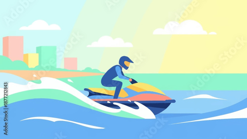 Man Riding Jet Ski on Ocean Waves Near City Skyline.