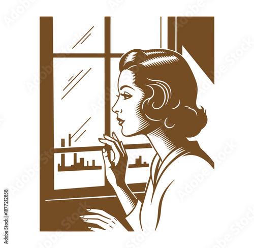 woman looking out the window with hand to mouth in a contemplative mood