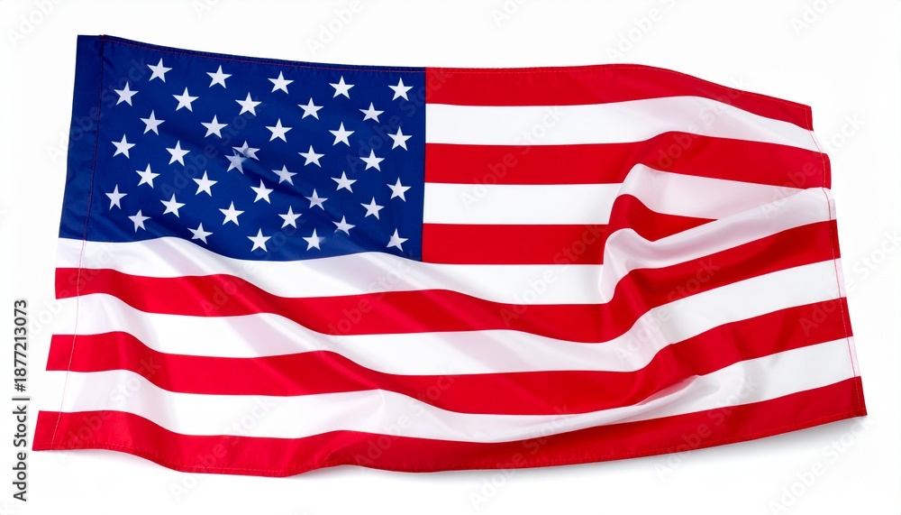 Obraz premium Waving American flag with red and white stripes and blue field of white stars against a clean white background.