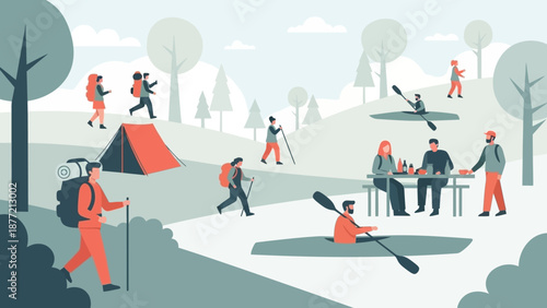 People enjoying outdoor activities in a serene natural setting.