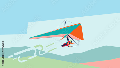 Hang glider soaring through the sky with vibrant colored wings.