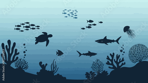 Underwater scene with marine life and coral reefs.