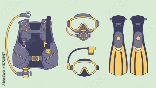 Scuba diving equipment set with mask and flippers.