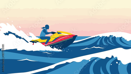 Man Riding Jet Ski on Ocean Waves at Sunset.