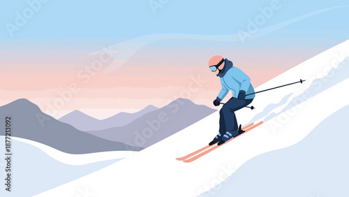 Skiing Down a Snowy Mountain Slope with Scenic Mountains in the Background.