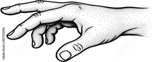 Black and white pointing hand illustration, realistic stippling texture, extended index finger, gesture symbol, anatomical detail, minimal line art