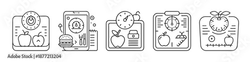 Line art healthy lifestyle and nutrition tracking app icons on a