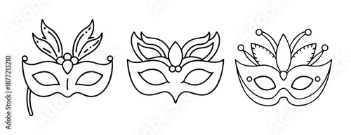 Collection of three decorative black outline carnival masks on white.